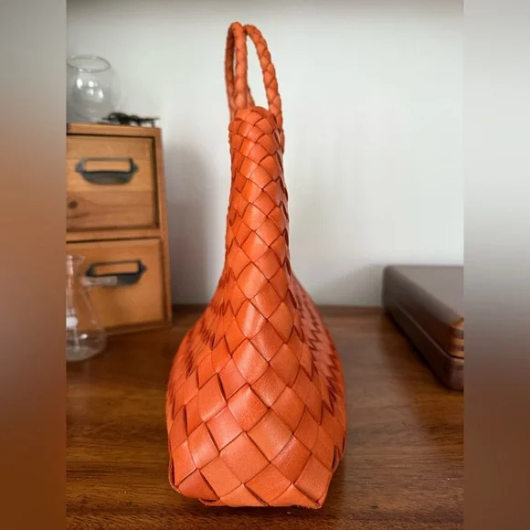 Dragon Diffusion Santa Croce Small Orange Woven Leather Tote - Picture 5 of 9